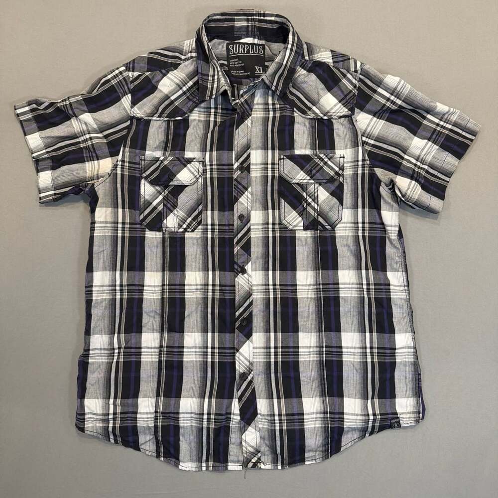 Surplus Plaid Western Button Down Shirt Size XL Black White Short Sleeve